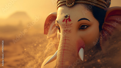 portrait of Indian god lord ganesha with sand storm in desert