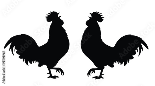 Two proud roosters face each other in a striking black design silhouette