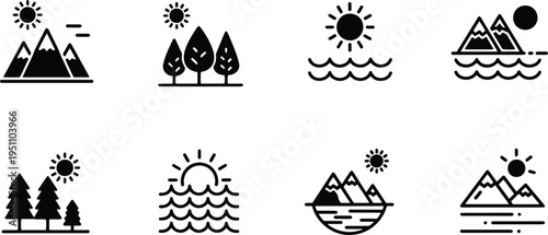 A set of vector line art silhouettes depicting nature scenes with mountains, trees, sun, and water