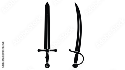 Two antique swords a straight blade and curved scimitar depicted in black silhouette