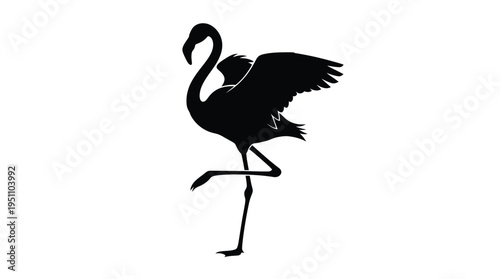A striking black flamingo stands on one leg exhibiting graceful posture a bold silhouette