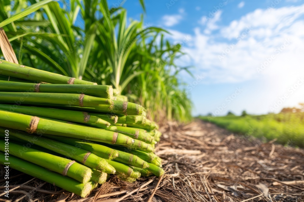 Fototapeta premium Sugarcane Harvest in Tropical Field Under Bright Blue Sky with Lush Green Plants