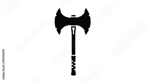 A striking black silhouette of a double bladed battle axe sharply defined silhouette
