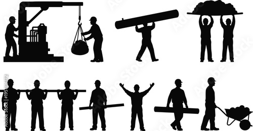 Construction workers silhouettes carrying materials, heavy lifting and teamwork, industrial labor concept, building site activity, black vector illustration isolated set