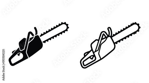 Two black and white illustrations of chainsaws depicted in a stark graphic style silhouette