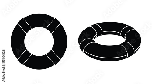 Two black ring shapes in differing orientations present a striking visual contrast silhouette