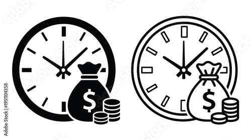 Two clocks display time alongside money representing financial deadlines and opportunity silhouette