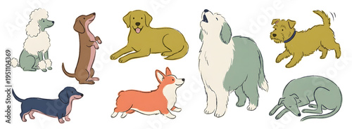 Diverse group of happy cartoon canines in various poses and breeds