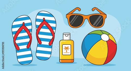 Summer essentials illustration sunglasses flip flops sunscreen beach ball vacation recreation leisure