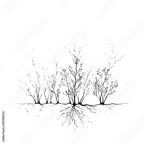 Sparse trees with exposed roots on barren ground in a minimalist black and white illustration