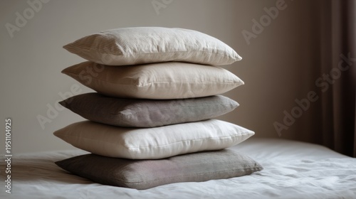 Stack of five pillows on a bed. the pillows are arranged in a pyramid-like manner, with the topmost pillow being the largest and the bottom two being the smallest.