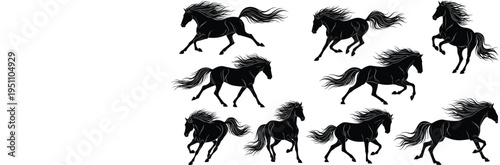 Majestic Wild Horse Silhouette Vector Set Featuring Galloping Stallions with Flowing Manes and Tails for Professional Equestrian Graphic Design