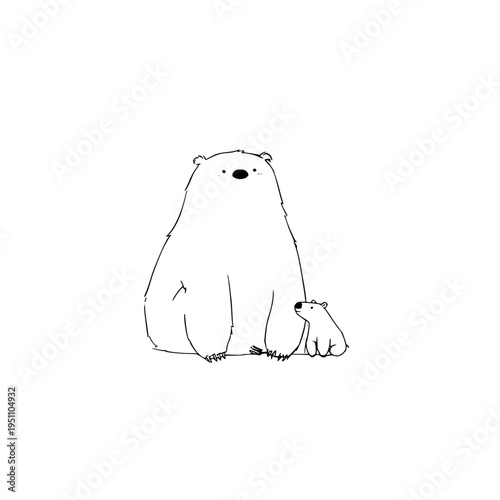 Mother polar bear and cub sitting together in a gentle black line drawing style with a white background conveying a sense of family and wildlife