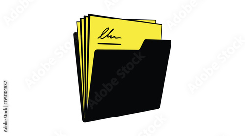 A stack of yellow folders with a dark solid black folder in the foreground silhouette