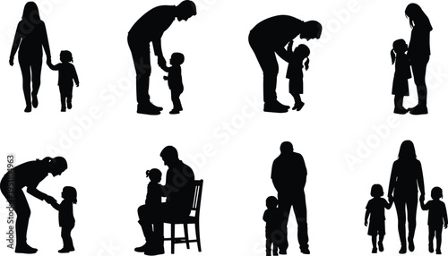 Parent and child silhouettes collection, family bonding moments, mother father with kids, love care concept, black vector illustration isolated set