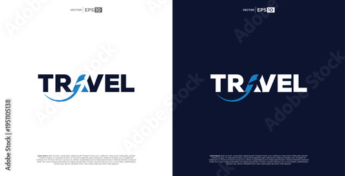 Modern vector logo design for a travel agency, integrating an airplane graphic into the typography, symbolizing global journey and exploration