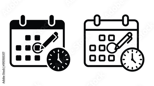 Two calendar icons with clocks indicating scheduling and time management in silhouette