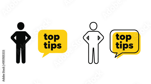 Two figures with speech bubbles displaying top tips one in solid black silhouette