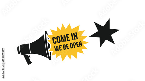 A megaphone announces come in we re open alongside a bright star a dynamic silhouette