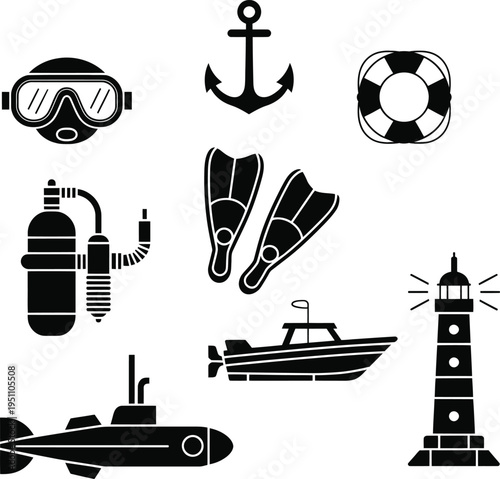Black and white nautical including diving gear and boats