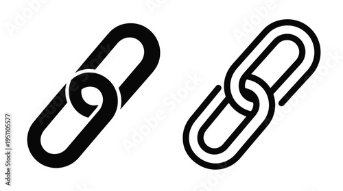 Two interlocking chain links depicted in a bold black and white graphic design silhouette