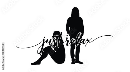 Two figures in black one seated and one standing with handwritten text silhouette