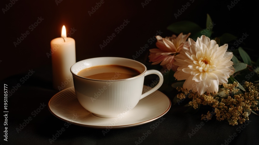 Obraz premium White cup of coffee on a saucer with a single white candle on the left side. the cup is filled with a dark brown liquid, possibly coffee, and is placed on a black surface.