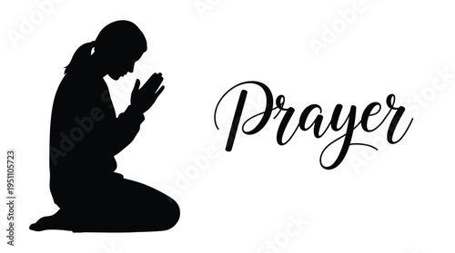 A kneeling woman in prayer with elegant calligraphy a striking black silhouette