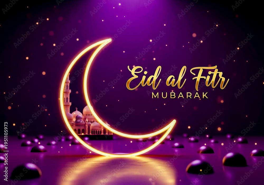 Fototapeta premium Purple Night Eid al Fitr Mubarak Crescent Moon Background