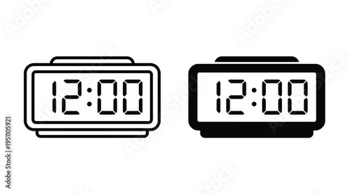 Two digital alarm clocks displaying twelve o clock with a distinct black outline silhouette