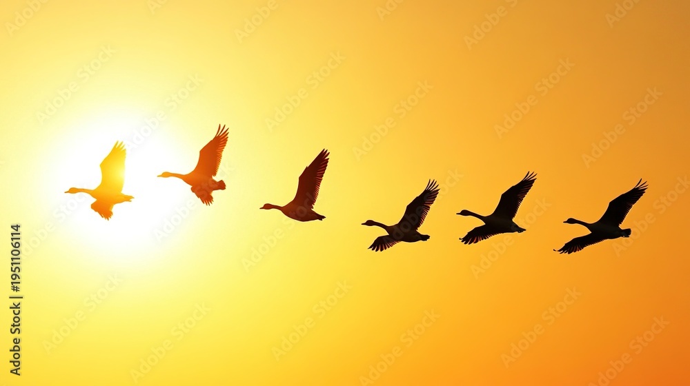 Obraz premium dispersal. A flock of migrating geese scattering from a V-formation against an autumn sky. representing seasonal cycles and harvest abundance.