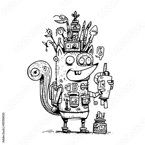 Whimsical robotic creature with tools on head holding spray can smiling cheerfully in a playful scene