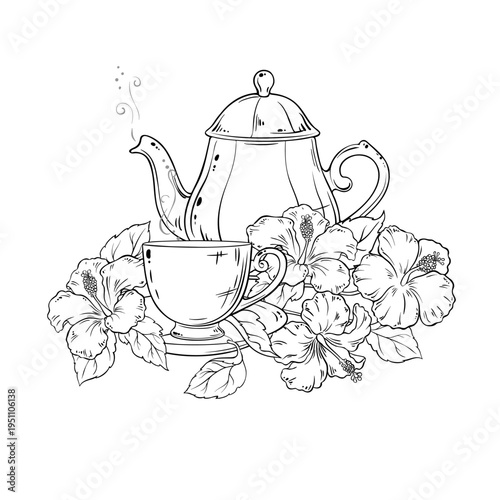 Hibiscus Tea in Teapot aroma beverage Outline Illustration. Vector isolated for Design and Decoration for Cafeteria, Posters, Banners, Cards.