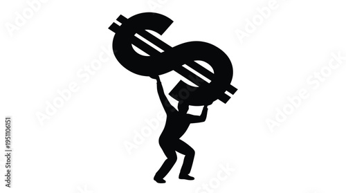 A person struggles to lift a large dollar sign above their head black silhouette
