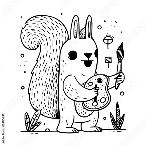 A cheerful cartoon squirrel holds a paintbrush and palette standing in a natural setting with plants conveying creativity and artistic expression outdoors