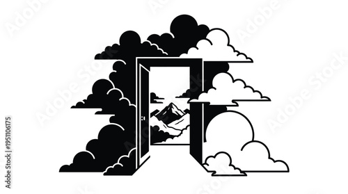An open doorway reveals a mountainous landscape framed by fluffy clouds a striking silhouette