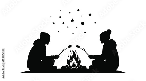 Two people roasting marshmallows around a campfire under a starry night sky silhouette