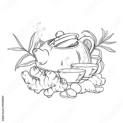 Ginger Tea in Teapot aroma beverage Outline Illustration. Vector isolated for Design and Decoration for Cafeteria, Posters, Banners, Cards.