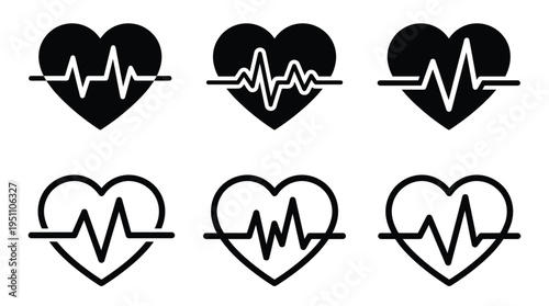 Three black heart shapes display varying electrocardiogram lines with three outlined versions silhouette