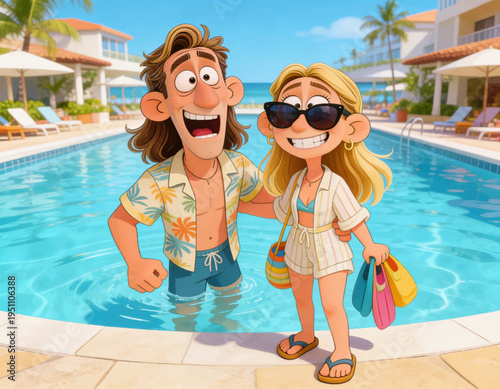 YOung couple at the swimming pool at luxury resort