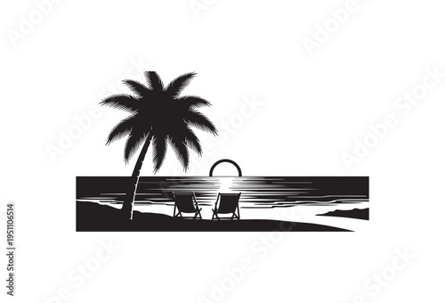 Black and white vector beach scene with palm tree and sun lounger