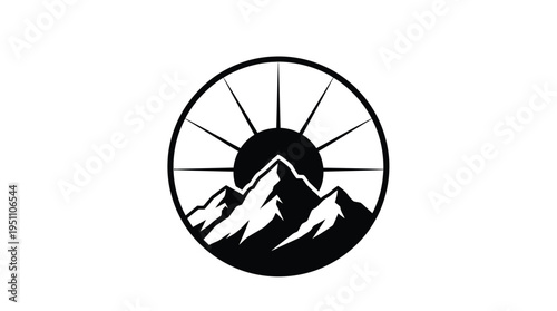 A striking circular design featuring mountains and a sun rendered as a bold silhouette
