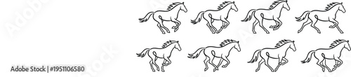 Minimalist Continuous Line Drawing Vector Set of Running Horses Featuring Elegant One Line Galloping Stallion Outlines for Modern Equestrian Art