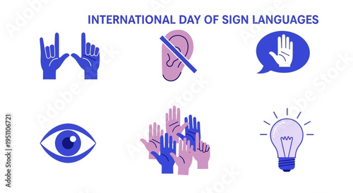 Graphic celebrating International Day of Sign Languages with six icons