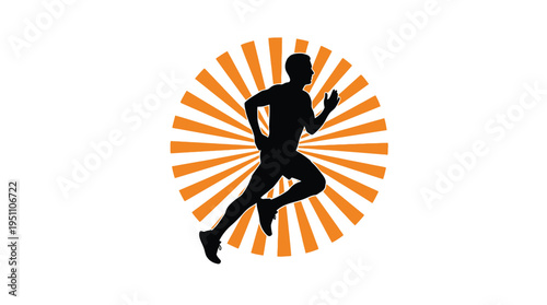 A dynamic image of a runner depicted in black against a vibrant orange radial burst silhouette
