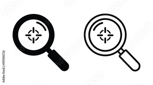 Two magnifying glasses with crosshair targets inside presented as a dark silhouette
