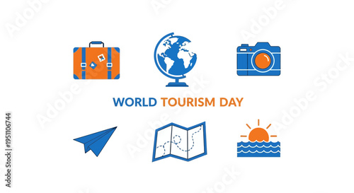 Graphic design celebrating World Tourism Day with travel icons and text