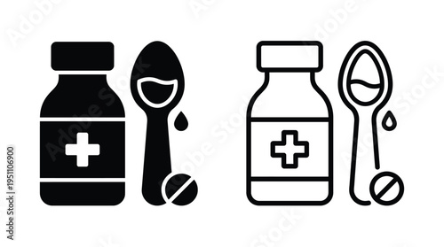 Black icons depicting medicine bottles spoons and pills in a minimalist silhouette
