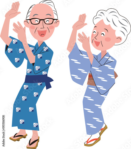 シニアのカップルが浴衣を着て踊っています。