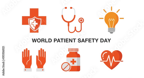Graphic for World Patient Safety Day featuring six orange icons above and below central text